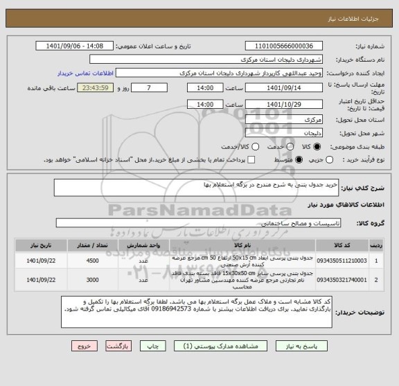 استعلام خرید جدول بتنی به شرح مندرج در برگه استعلام بها