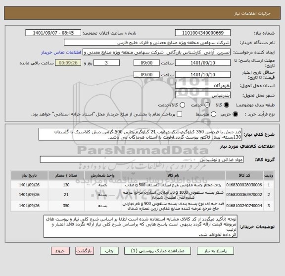 استعلام قند دبش یا فردوس 350 کیلوگرم،شکر مرغوب 21 کیلوگرم،چایی 500 گرمی دبش کلاسیک یا گلستان 130بسته- پیش فاکتور پیوست گردد.اولویت با استان هرمزگان می باشد.