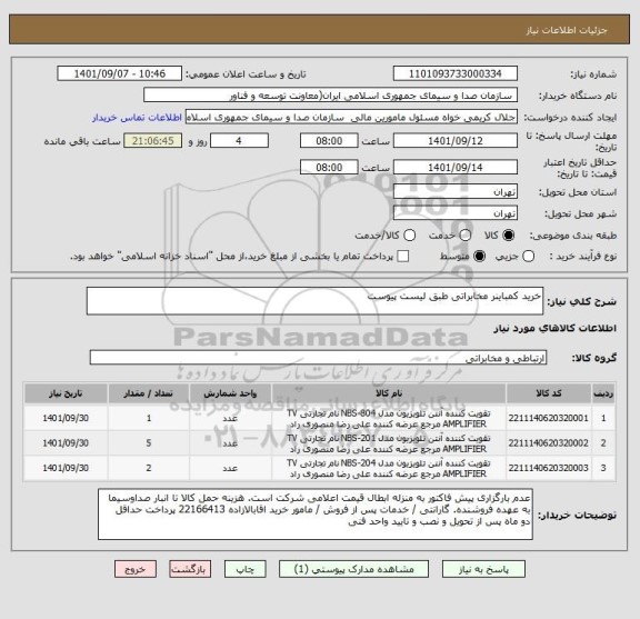 استعلام خرید کمباینر مخابراتی طبق لیست پیوست