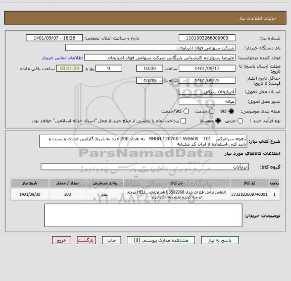 استعلام تیغچه سرامیکی   RNGN-120700T-WG600   T01   به تعداد 200 عدد به شرط گارانتی عددی و تست و تایید فنی-استفاده از ایران کد مشابه