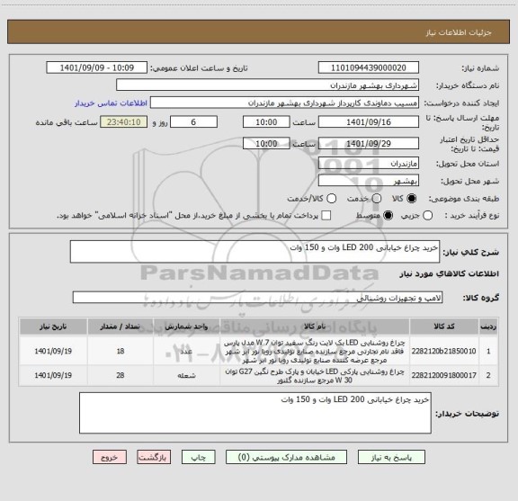 استعلام خرید چراغ خیابانی LED 200 وات و 150 وات