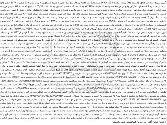 آگهی مزایده ششدانگ یک قطعه آپارتمان نوع ملک طلق با کاربری مسکونی به پلاک ثبتی 533 فرعی از 3177 اصلی