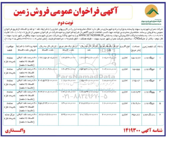 فراخوان عمومی فروش زمین کاربریهای تجاری-  نوبت دوم