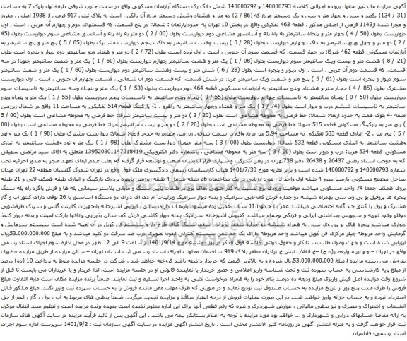 آگهی مزایده شش دانگ یک دستگاه آپارتمان مسکونی واقع در سمت جنوب شرقی طبقه اول بلوک 7 به مساحت (31 / 134) 