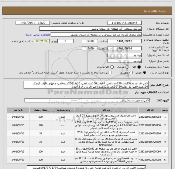 استعلام لامپ ال ای دی-25وات 250عدد.لامپ 40وات 100عدد.لامپ 10وات250عدد-لامپ هالوژنی 9وات کوچک 120عدد.لامپ پنل توکار30*30تعداد120عدد لامپ اف پی ال 72عدد