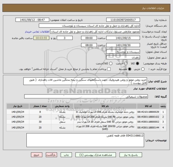 استعلام خرید روغن موتور و روغن هیدرولیک جهت دستگاههای سنگین و نیمه سنگین ماشین الات راهداری  ( طبق فایل پیوست )