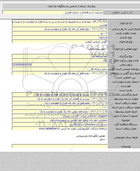 مناقصه, عملیات حفر یک حلقه چاه آهکی در شهرستان کوار