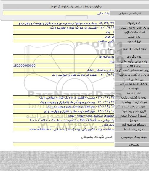 مناقصه, پشتیبانی دستگاه های CRS به شماره ثبت ستاد ۲۰۰۱۰۰۱۰۵۶۰۰۰۰۱۷