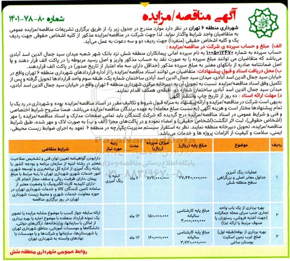 مناقصه ومزایده  عملیات رنگ آمیزی جداول معابر