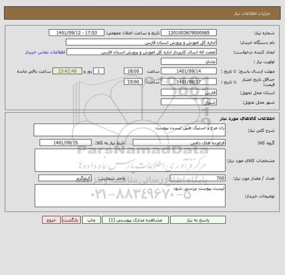 استعلام ران مرغ و استیک طبق لیست پیوست