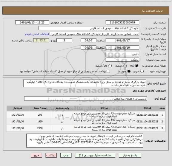 استعلام تهیه، بارگیری ،حمل و تخلیه در محل پروژه کتابخانه آباده طشک شهرستان بختگان به وزن کل 4200 کیلوگرم 
خرید به صورت نقدی می باشد.