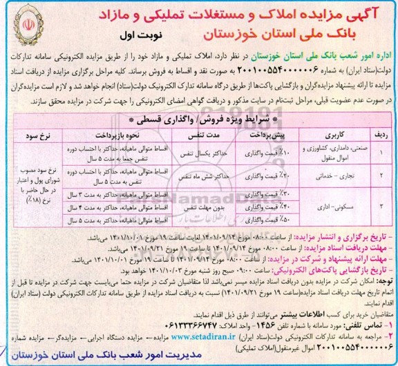 مزایده املاک مستغلات تملیکی و مازاد  