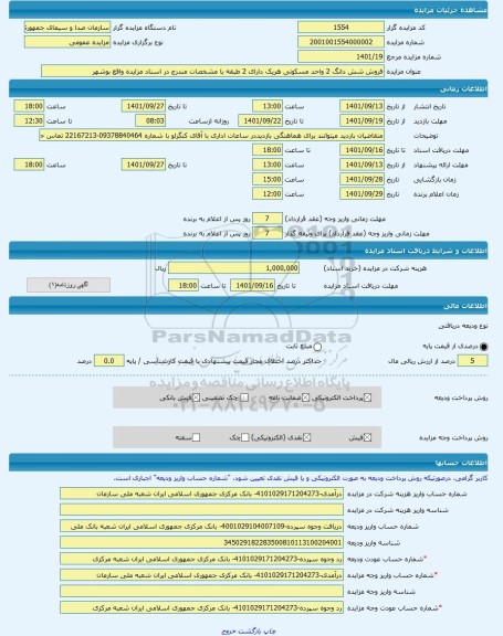 مزایده ، فروش شش دانگ 2 واحد مسکونی هریک دارای 2 طبقه با مشخصات مندرج در اسناد مزایده واقع بوشهر -مزایده ساختمان  - استان بوشهر