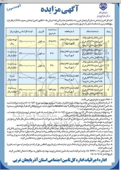 مزایده فروش پنج قطعه زمین کاربری مسکونی نوبت سوم 