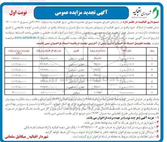 مزایده فروش شش قطعه از املاک 