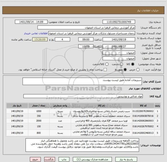 استعلام سبزیجات آماده طبق لیست پیوست