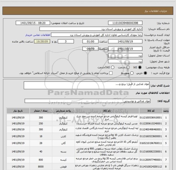 استعلام مواد غذایی از قبیل: برنج و....