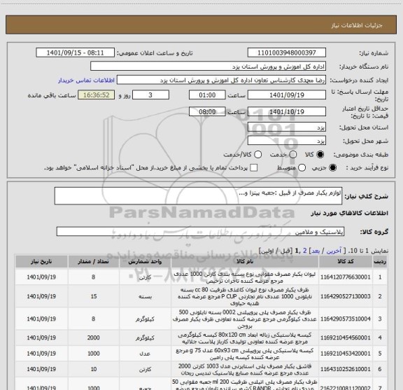 استعلام لوازم یکبار مصرف از قبیل :جعبه پیتزا و...