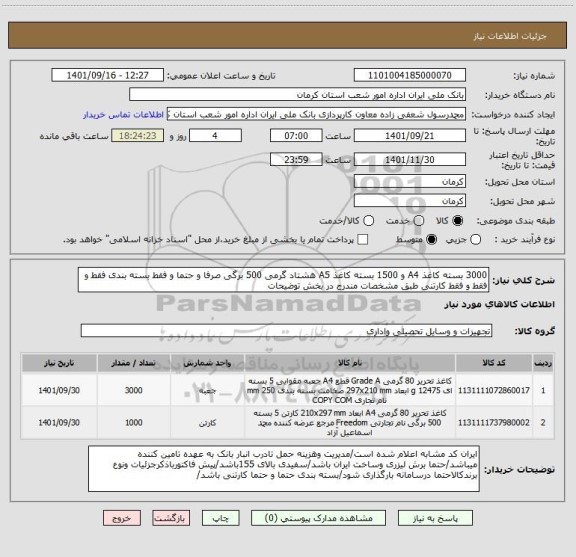 استعلام 3000 بسته کاغذ A4 و 1500 بسته کاغذ A5 هشتاد گرمی 500 برگی صرفا و حتما و فقط بسته بندی فقط و فقط و فقط کارتنی طبق مشخصات مندرج در بخش توضیحات