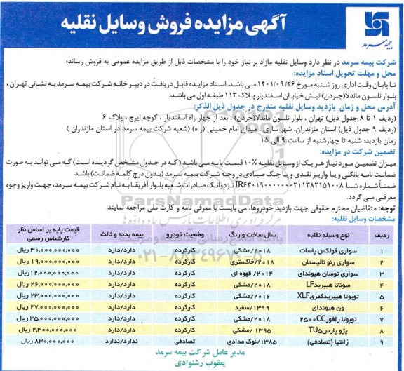  مزایده فروش وسایل نقلیه