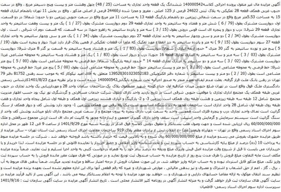 آگهی مزایده ششدانگ یک قطعه واحد تجاری به مساحت (25 / 48) چهل وهشت متر و بیست وپنج دسیمتر مربع 