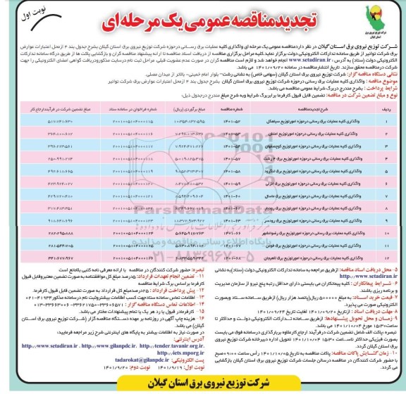 تجدید مناقصه واگذاری کلیه عملیات برق رسانی ....