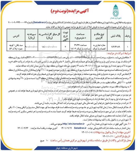 مزایده فروش مغازه تجاری به انضمام پارکینگ - نوبت دوم