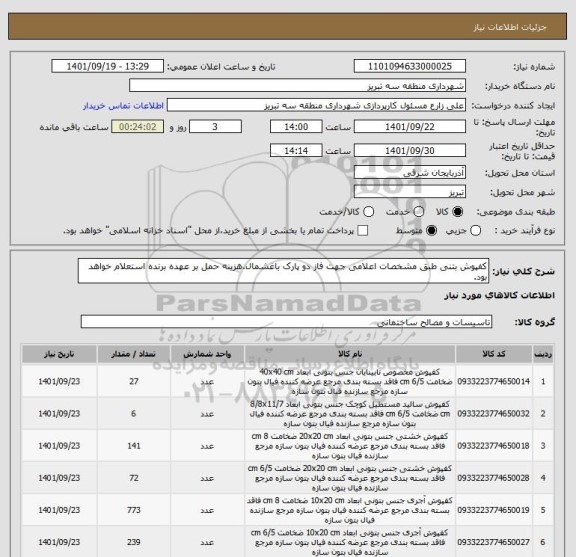 استعلام کفپوش بتنی طبق مشخصات اعلامی جهت فاز دو پارک باغشمال.هزینه حمل بر عهده برنده استعلام خواهد بود.