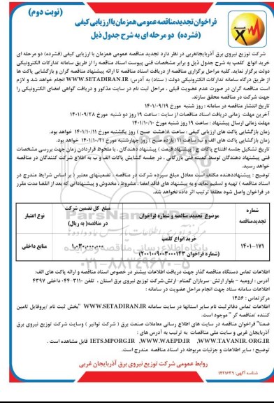 تجدید مناقصه خرید انواع کلمپ - نوع دوم