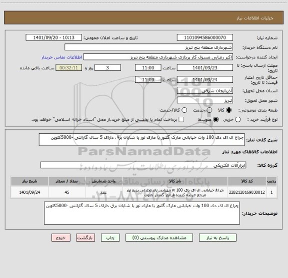 استعلام چراغ ال ای دی 100 وات خیابانی مارک گلنور یا مازی نور یا شایان برق دارای 5 سال گارانتی -5000کلوین