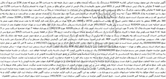 آگهی مزایده ششدانگ یک دستگاه آپارتمان واقع در جنوب شرق طبقه اول به مساحت 59 متر مربع که مقدار 2/36 متر مربع