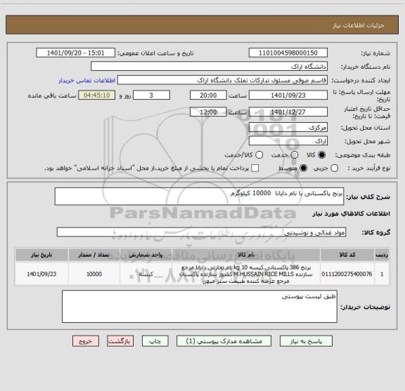 استعلام برنج پاکستانی با نام دایانا  10000 کیلوگرم