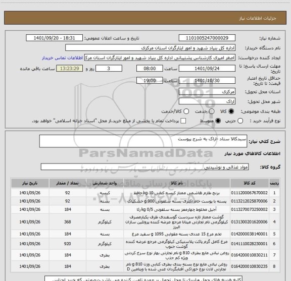 استعلام سبدکالا ستاد -اراک به شرح پیوست