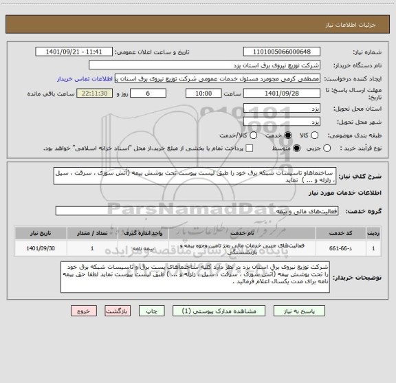 استعلام  ساختماهاو تاسیسات شبکه برق خود را طبق لیست پیوست تحت پوشش بیمه (آتش سوزی ، سرقت ، سیل ، زلزله و ... )  نماید