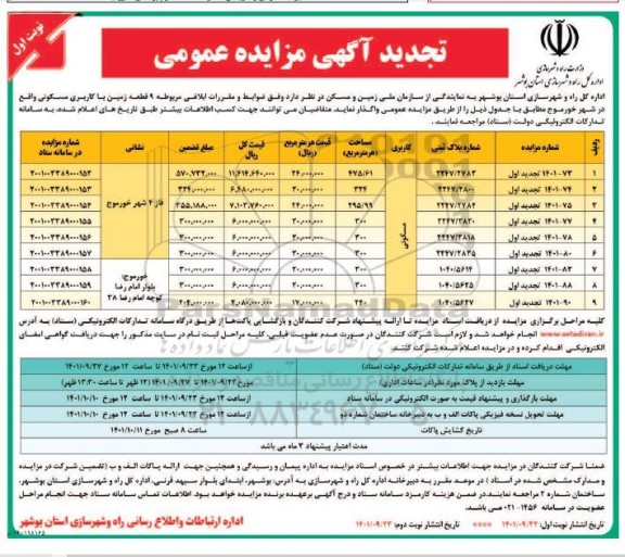 آگهی مزایده عمومی 9 قطعه زمین با کاربری مسکونی واقع در شهر ... تجدید