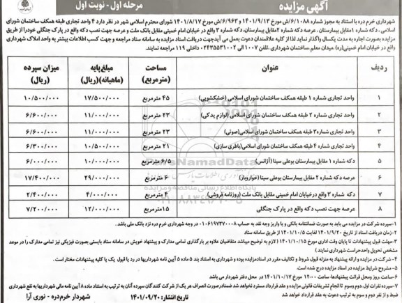 مزایده اجاره 4 واحد تجاری 