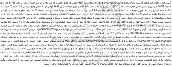 آگهی مزایده همگی و تمامی یک قطعه زمین نوع ملک طلق با کاربری تجاری در یک طبقه با کل زیر بنای 83/35 متر مربع