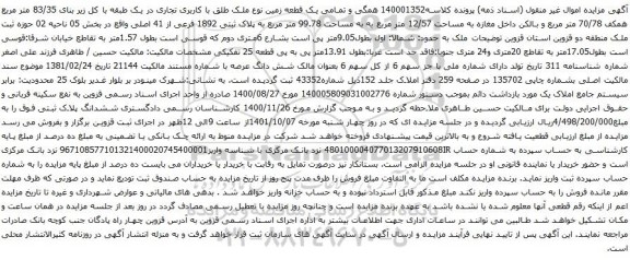 آگهی مزایده همگی و تمامی یک قطعه زمین نوع ملک طلق با کاربری تجاری در یک طبقه با کل زیر بنای 83/35 متر مربع همکف 70/78 متر مربع 