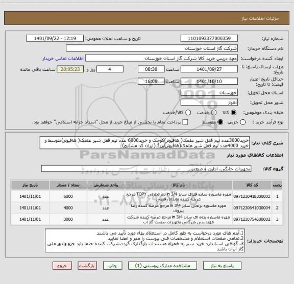 استعلام خرید3000عدد نیم قفل شیر علمک( هافیونر)کوچک و خرید6000 عدد نیم قفل شیر علمک( هافیونر)متوسط و خرید 4000عدد نیم قفل شیر علمک(هافیونر)بزرگ(ایران کد مشابح)