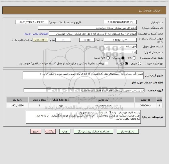 استعلام تکمیل آب رسانی به روستاهای کتف گله(تهیه و کارگزاری لوله-خرید و نصب پمپ و تابلوبرق و...)