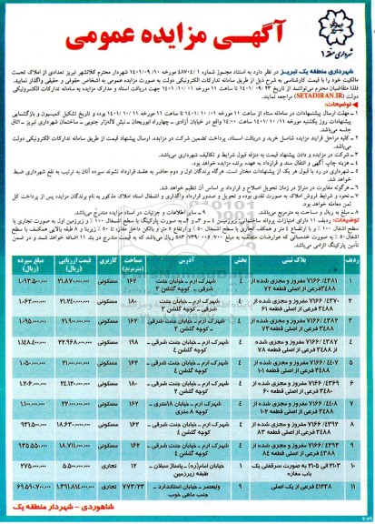 مزایده عمومی واگذاری تعدادی از املاک کاربری مسکونی و تجاری