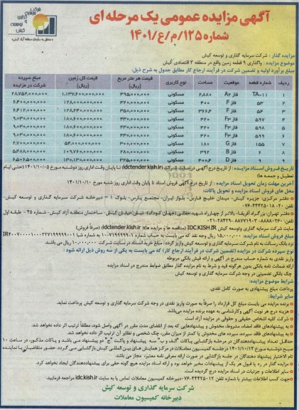 مزایده عمومی واگذاری 9 قطعه زمین نوع کاربری مسکونی