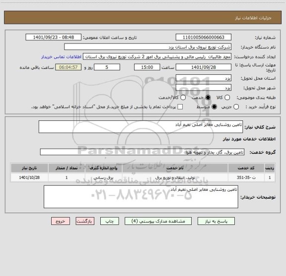 استعلام تامین روشنایی معابر اصلی نعیم آباد