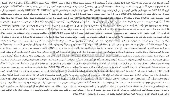 آگهی مزایده سه دانگ مشاع از ششدانگ پلاک 3909 فرعی از 4634 اصلی مفروز و مجزا شده از1 فرعی از اصلیر