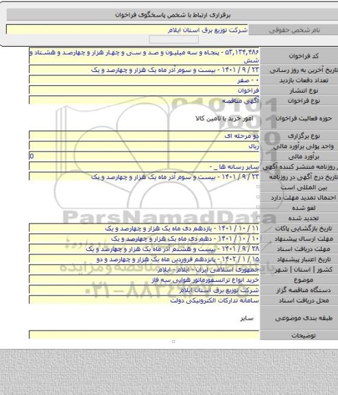 مناقصه, خرید انواع ترانسفورماتور هوایی سه فاز