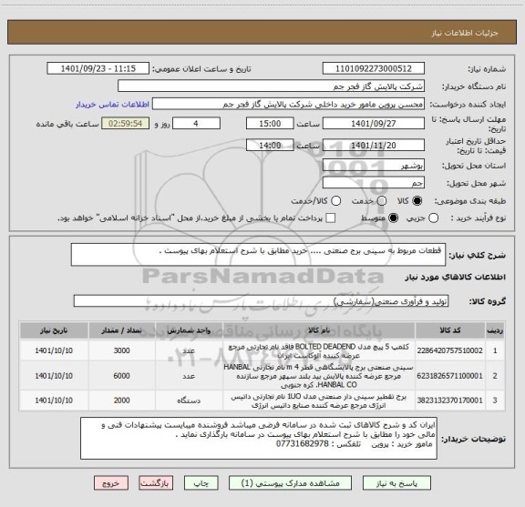 استعلام  قطعات مربوط به سینی برج صنعتی .... خرید مطابق با شرح استعلام بهای پیوست .