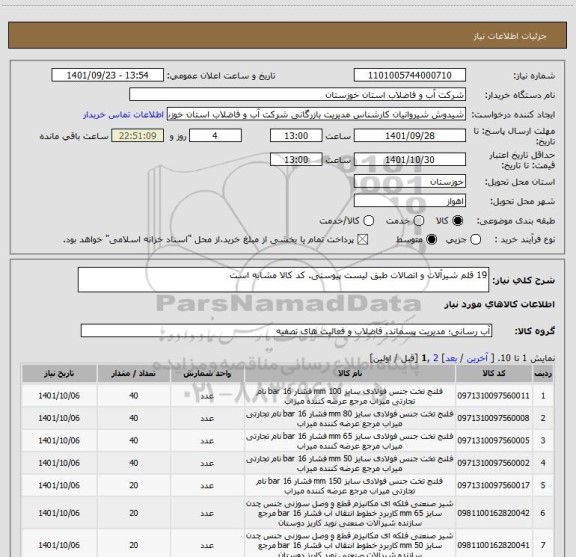 استعلام 19 قلم شیرآلات و اتصالات طبق لیست پیوستی. کد کالا مشابه است