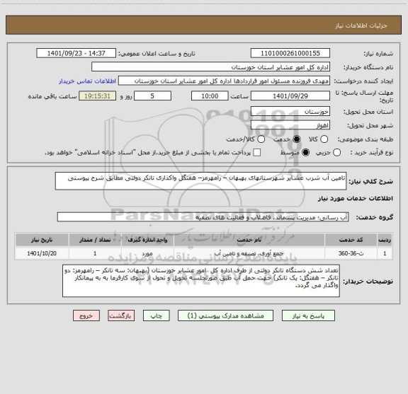 استعلام تامین آب شرب عشایر شهرستانهای بهبهان – رامهرمز– هفتگل واکذاری تانکر دولتی مطابق شرح پیوستی