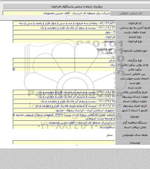 مناقصه, خدمات نظارت کارگاهی پروژه احداث پست ۱۳۲/۲۰ کیلوولت شهرک صنعتی مشهد ۵ و توسعه پست شریعتی