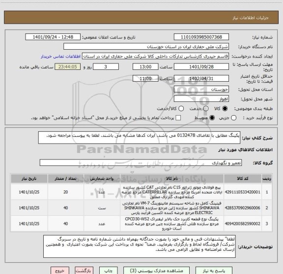 استعلام پکینگ مطابق با تقاضای 0132478 می باشد. ایران کدها مشابه می باشند. لطفا به پیوست مراجعه شود.